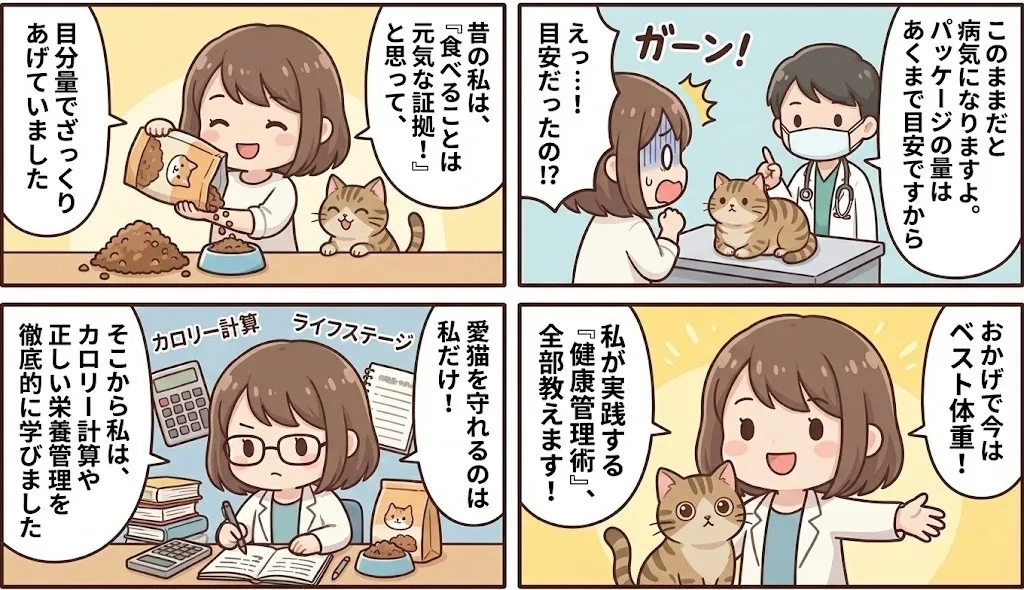 昔の私は目分量で失敗…計算の大切さに気づき、今はベスト体重をキープしているにゃんこママの4コマ漫画
