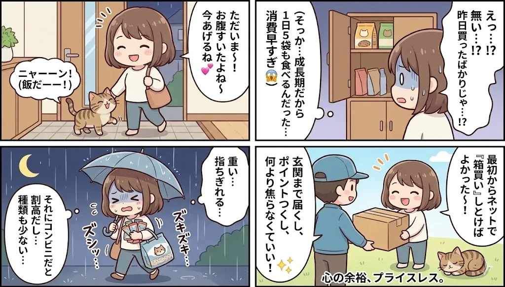 子猫のフードの消費量は想像以上!重い荷物から開放されるために通販で箱買いする漫画