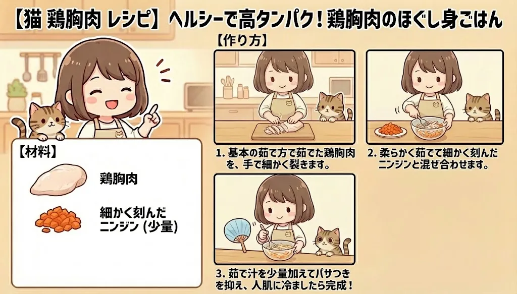 【猫 鶏胸肉 レシピ】ヘルシーで高タンパク！鶏胸肉のほぐし身ごはん